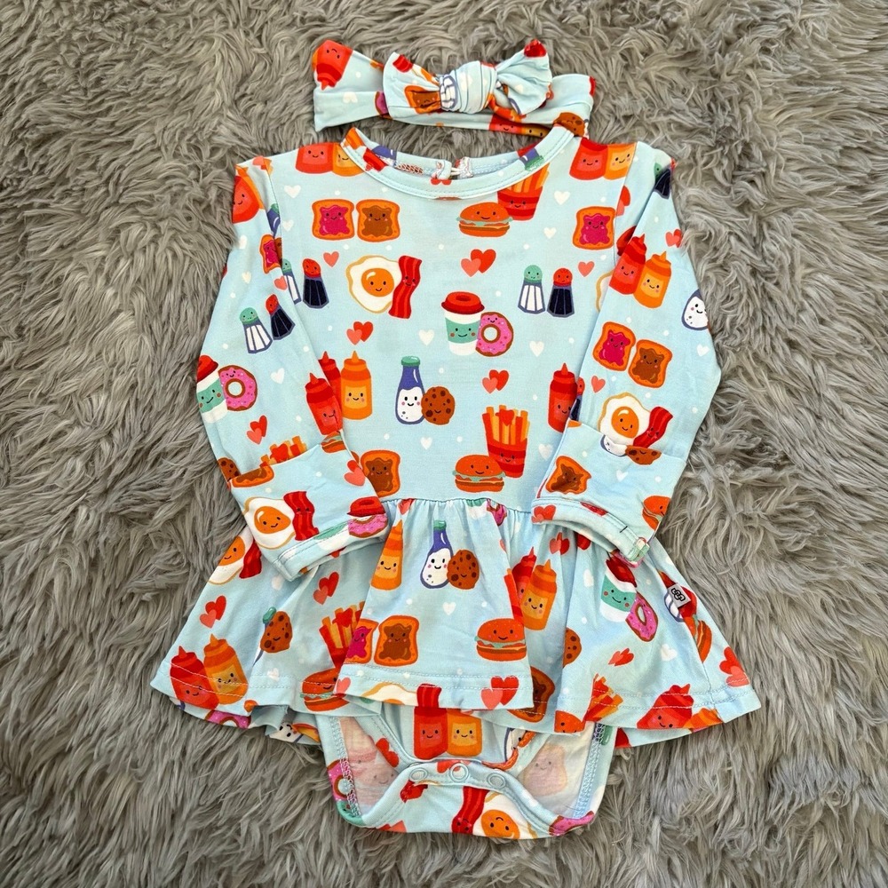 Little Bum Bums Breakfast Buddies‎ Twirl Skirt Onesie + Bow Bamboo 3-6 Months